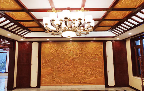 丽水中式别墅客厅中式木作横梁吊顶装饰展示